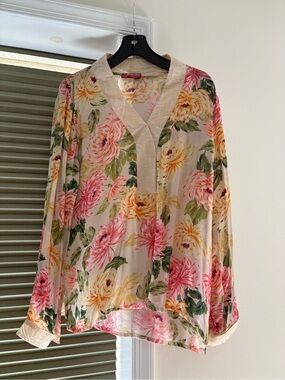 Floral V-Neck Long Sleeve Blouse - Pink & Yellow